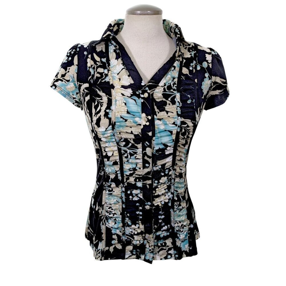 Dressbarn Y2K Women S Blouse Top Blue Ruched Front Button Up Shirt Cap Sleeve